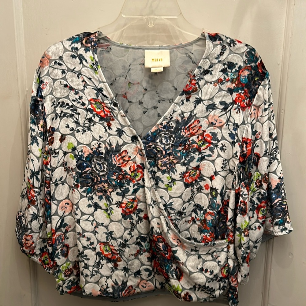 Feminine velvet, burnout, floral crop semi wrap top